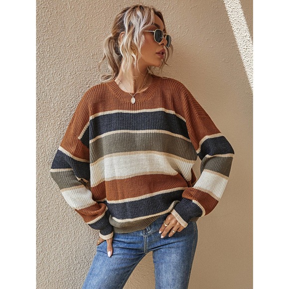 Striped stripe soft knit Oversized Sweater fall tan gray green cream tan - Picture 4 of 8